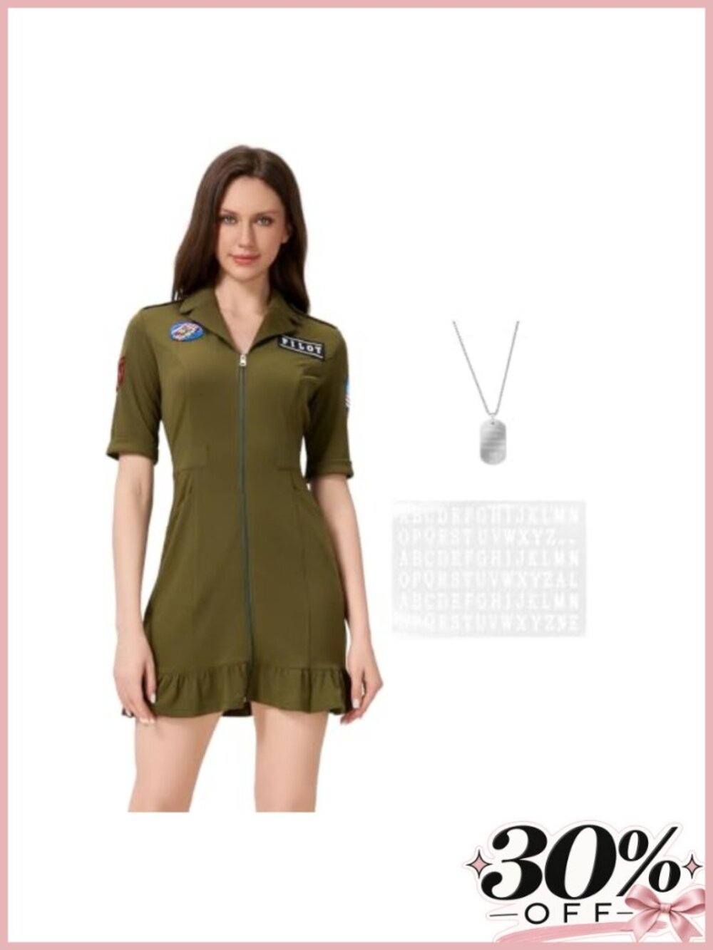 Women's Pilot Costume Dress Set with Necklace Badges Letter Sticker
